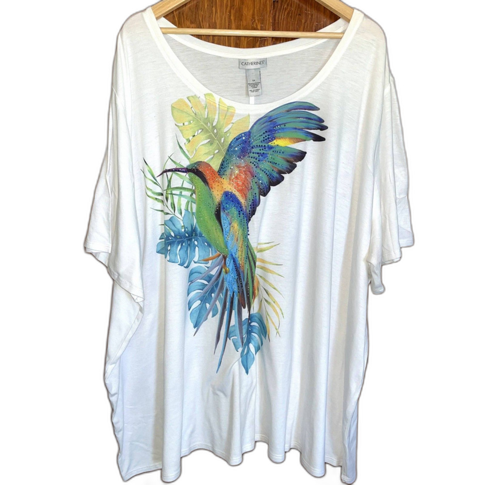 Catherines Hummingbird Jewel Detail Blouse White Garden Festival Summer Plus 5X